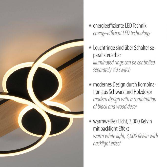 Paul Neuhaus LED Deckenleuchte schwarz mit Holz warmweiß Schlafzimmer Leuchtringe Super Rabatt
