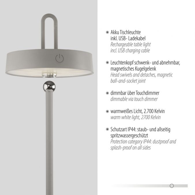 Paul Neuhaus LED Tischlampe greige Akku Touchdimmer spritzwassergeschützt USB Outlet