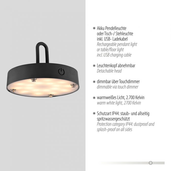 Paul Neuhaus LED Tischleuchte D=36cm schwarz Akkulampe USB IP44 dimmbar per Touch Angebote