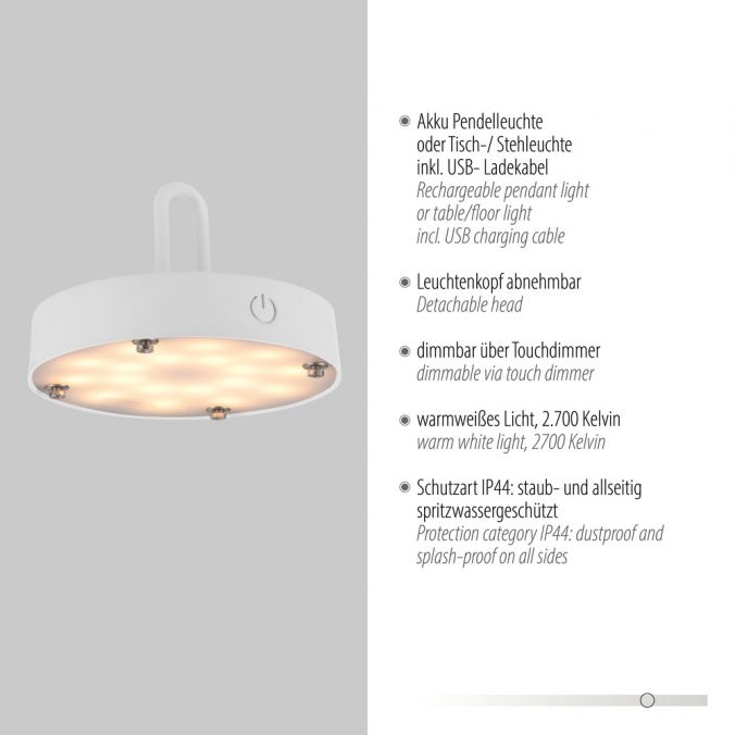 Paul Neuhaus LED Tischleuchte D=46cm weiß Akkulampe USB IP44 dimmbar per Touch Fabrikverkauf