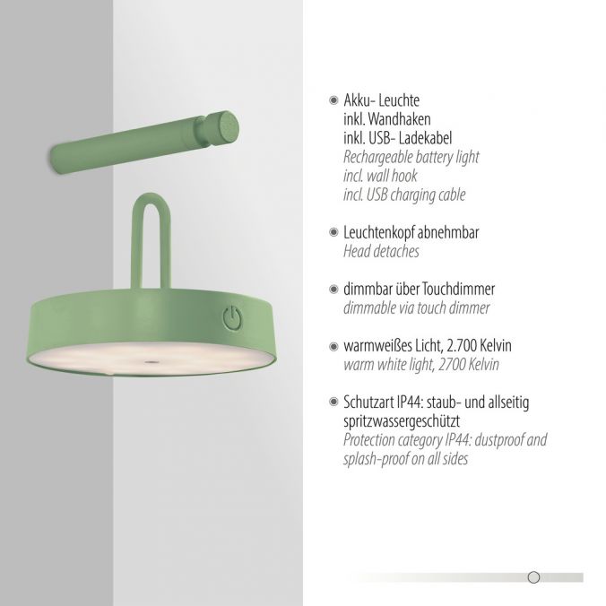 Paul Neuhaus LED Akku Wandleuchte grün dimmbar per Touch IP44 Memoryfunktion Kostenloser Versand