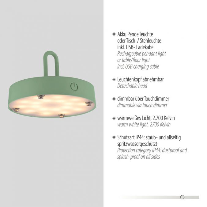 Paul Neuhaus LED Tischleuchte D=46cm grün Akkulampe USB IP44 dimmbar per Touch Im Verkauf