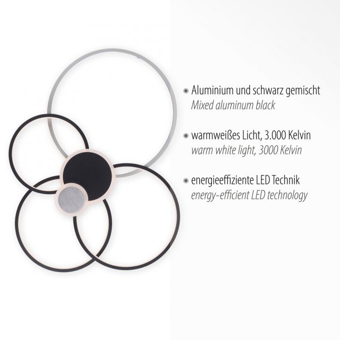 Paul Neuhaus LED Deckenleuchte rund mit 6 Lichtkreisen schwarz aluminium warmweiß Günstiger Verkauf