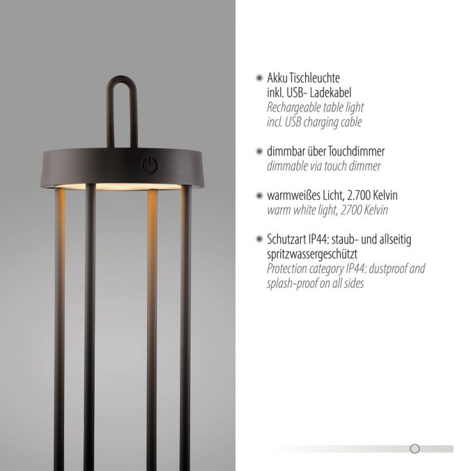 Paul Neuhaus LED Akkulampe Tischleuchte schwarz 50cm Touchdimmer IP44 Gartenleuchte Begrenztes Angebot