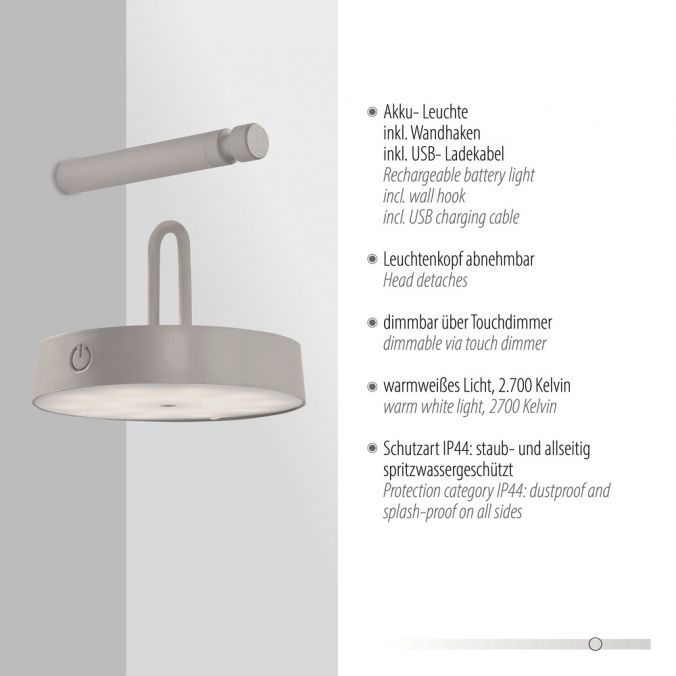 Paul Neuhaus LED Akku Wandleuchte greige dimmbar per Touch IP44 Memoryfunktion Preisnachlass