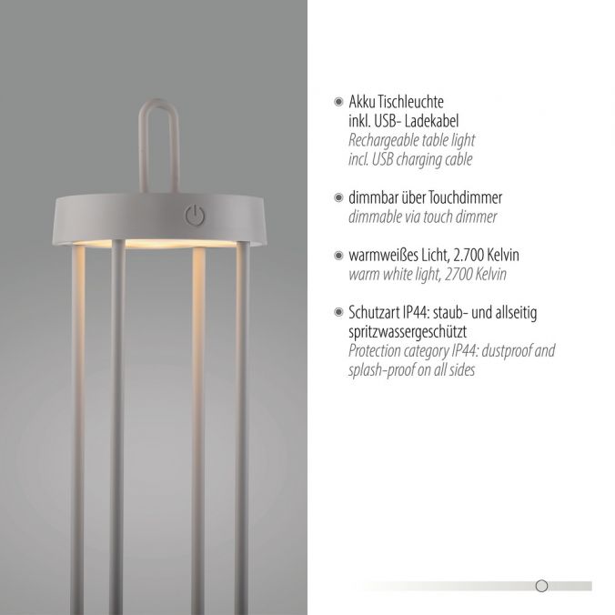 Paul Neuhaus LED Akkulampe Tischleuchte greige 50cm Touchdimmer IP44 Gartenleuchte Saisonschlussverkauf