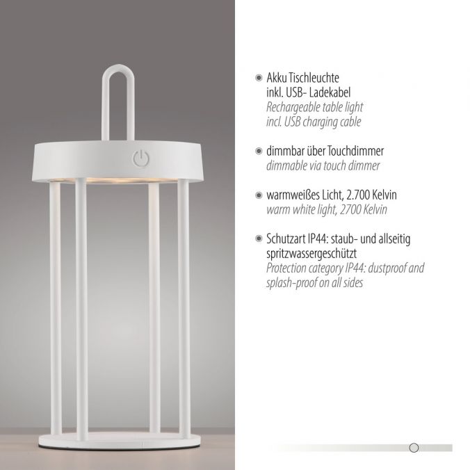Paul Neuhaus LED Akkulampe Tischleuchte weiß 28cm Touchdimmer IP44 Gartenleuchte zollfrei
