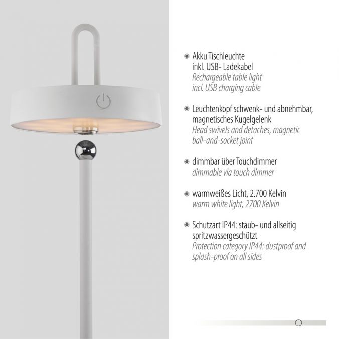 Paul Neuhaus LED Tischlampe weiß Akku Touchdimmer spritzwassergeschützt USB Letzte 3 Tage