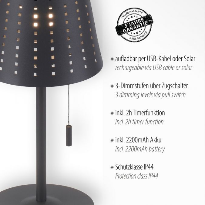 Paul Neuhaus LED Tischleuchte, anthrazit, modern, inkl. Zugschalter, solarbetrieben Letzter Tag