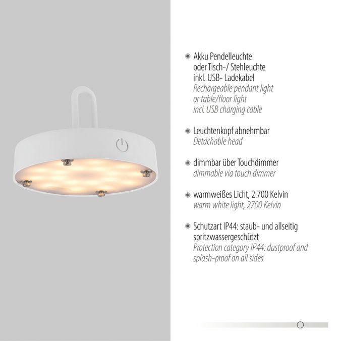 Paul Neuhaus LED Tischleuchte D=36cm weiß Akkulampe USB IP44 dimmbar per Touch Zeitbegrenzte Promotion