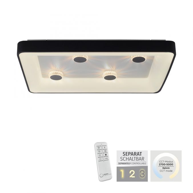 Paul Neuhaus LED Deckenleuchte schwarz rechteckig Kristalleffekte dimmbar steuerbar CCT